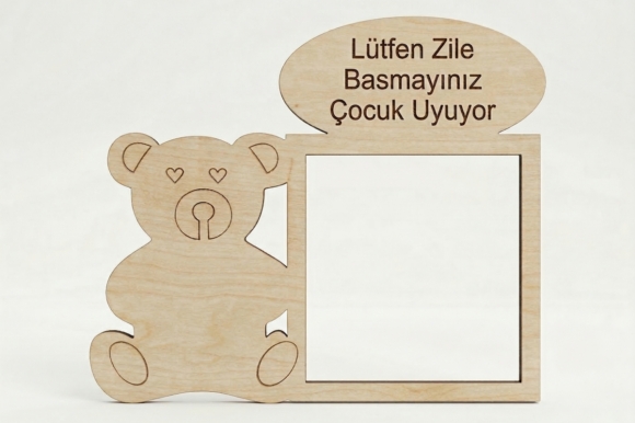 Ahşap Ayıcıklı Bebek Uyuyor Kapı Zili Çerçevesi - Çocuk Uyuyor Zile Basmayınız Uyarı Yazısı (18x14,5 cm)