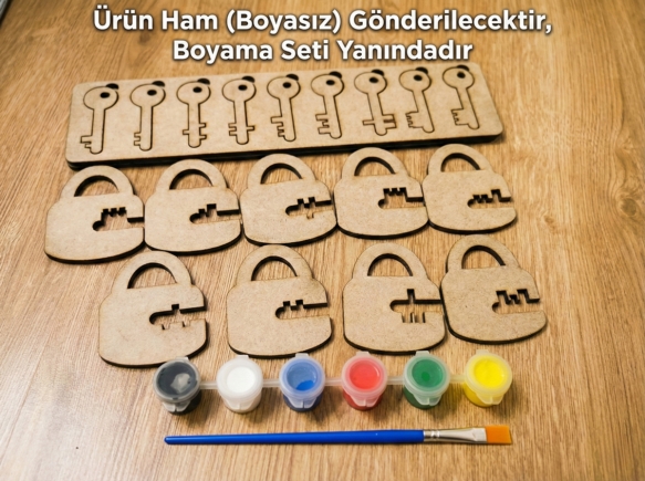 Ahşap Anahtar Kilit Eşleştirme Oyunu - Montessori Eğitici Zeka Oyuncağı (Boya Seti Hediyeli)