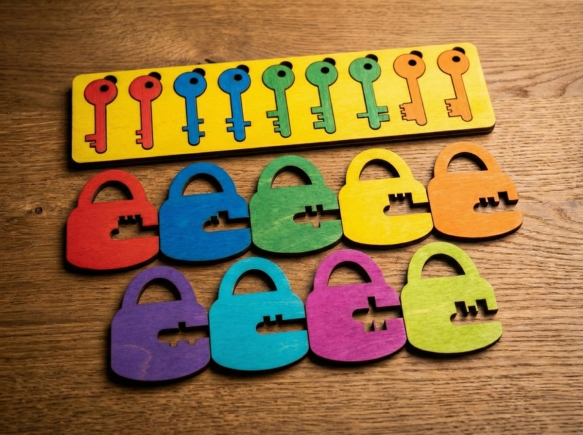 Ahşap Anahtar Kilit Eşleştirme Oyunu - Montessori Eğitici Zeka Oyuncağı (Boya Seti Hediyeli)