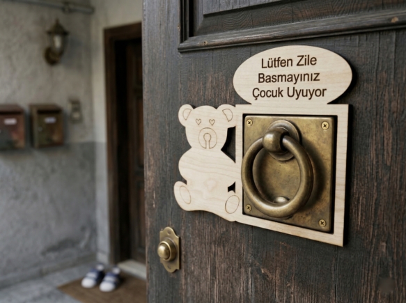 Ahşap Ayıcıklı Bebek Uyuyor Kapı Zili Çerçevesi - Çocuk Uyuyor Zile Basmayınız Uyarı Yazısı (18x14,5 cm)