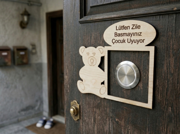 Ahşap Ayıcıklı Bebek Uyuyor Kapı Zili Çerçevesi - Çocuk Uyuyor Zile Basmayınız Uyarı Yazısı (18x14,5 cm)