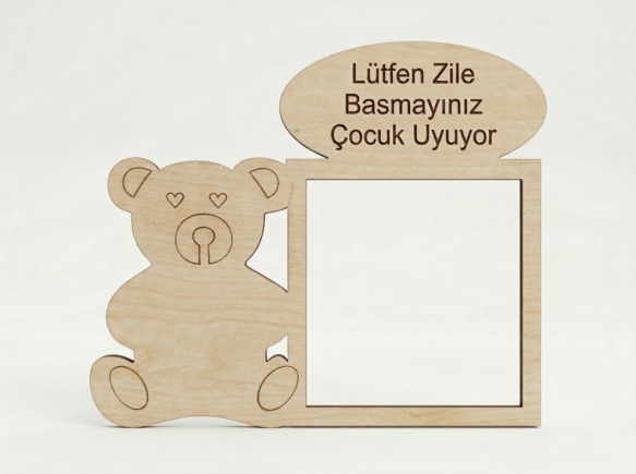 Ahşap Ayıcıklı Bebek Uyuyor Kapı Zili Çerçevesi - Çocuk Uyuyor Zile Basmayınız Uyarı Yazısı (18x14,5 cm)