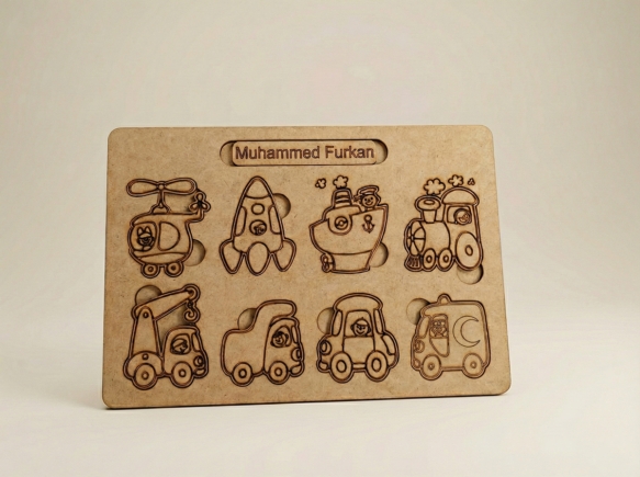 İsme Özel Ahşap Puzzle - Eğitici Taşıtlar ve Araçlar Yapboz - Montessori Oyuncak