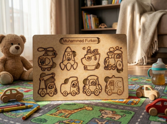 İsme Özel Ahşap Puzzle - Eğitici Taşıtlar ve Araçlar Yapboz - Montessori Oyuncak