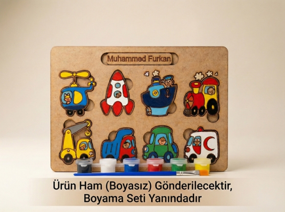 İsme Özel Ahşap Puzzle - Eğitici Taşıtlar ve Araçlar Yapboz - Montessori Oyuncak