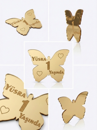 Kişiye Özel İsimli Kelebek Ayna Pleksi - 1 Yaş Doğum Günü Dağıtmalık Hediyelik (7.5 cm Gold)