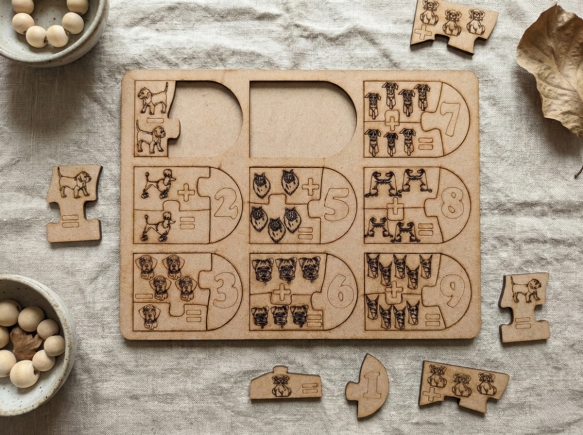 Montessori Eğitici Ahşap Matematik Oyunu - Köpekli Sayı Eşleştirme ve İşlem Öğretici Bul Tak Puzzle