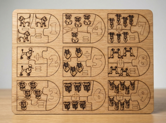 Montessori Eğitici Ahşap Matematik Oyunu - Köpekli Sayı Eşleştirme ve İşlem Öğretici Bul Tak Puzzle