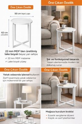 Tahtagurusu 22 mm Mdf Lake Boyalı Beyaz Yan Sehpa | Çift Taraflı Tepsi | 50 cm Çap – 62 cm Yükseklik