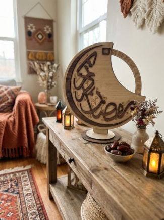 Tahtagurusu Ahşap Ramazan Takvimi - Hilal Tasarımlı Hareketli Geri Sayım Sayacı (35 cm Büyük Boy)