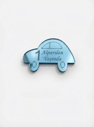 Tahtagurusu Kişiye Özel İsimli Araba Temalı Ayna Pleksi 1 Yaş Doğum Günü Hediyelik Süs