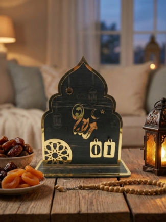 Tahtagurusu Ramazan Takvimi - Gold Pleksi Detaylı Ahşap Ramazan Takvimi - 25x18.5 cm Masaüstü Dekoru