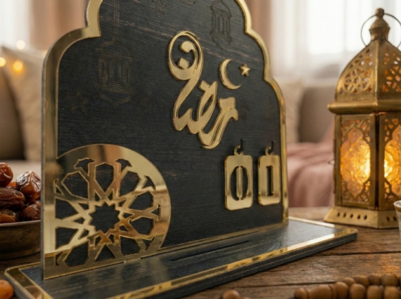 Tahtagurusu Ramazan Takvimi - Gold Pleksi Detaylı Ahşap Ramazan Takvimi - 25x18.5 cm Masaüstü Dekoru