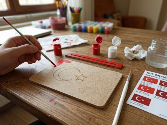Türk Bayrağı Boyama Seti - 15x10 cm Ham MDF Lazer Kesim - Çocuklar İçin Eğitici Boyama Etkinliği (4 mm)