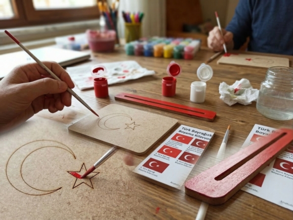 Türk Bayrağı Boyama Seti - 15x10 cm Ham MDF Lazer Kesim - Çocuklar İçin Eğitici Boyama Etkinliği (4 mm)